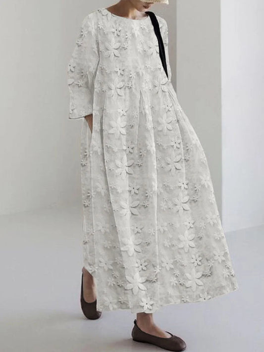 Embroidered Floral Lace Linen Blend Maxi Dress