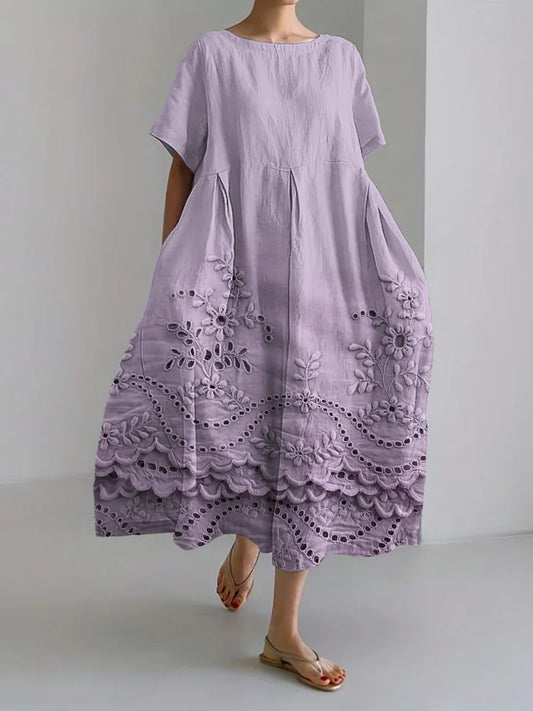 Bohemian Floral Lace Trimmed Linen Maxi Dress