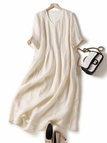 Chic A-Line V Neck Cotton Linen Dress with Pleats