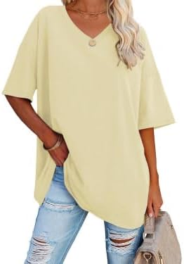 Beverley - Casual Oversized T Shirts Short Sleeve V Neck Basic Plain Cotton Tee Tops.