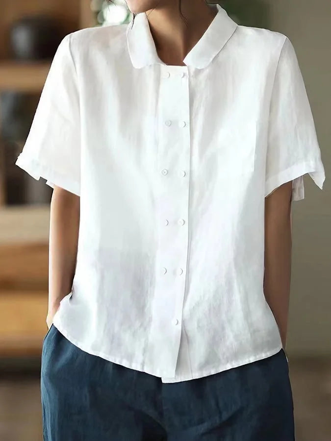 Casual Cotton Linen Shirt with Loose Fit and Doll Collar in Solid Colors