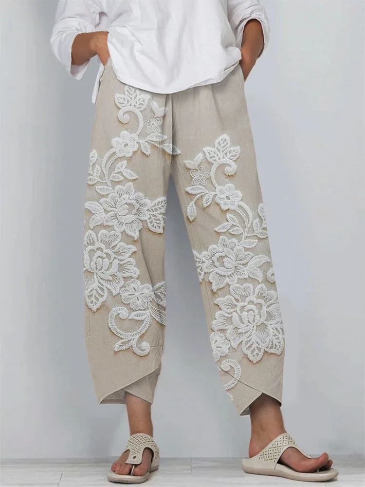 Retro Embroidered Floral Lace Linen Blend Culottes