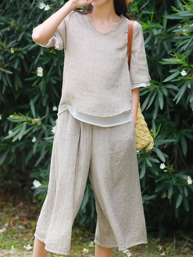 Casual Cotton-Linen Jumpsuit with V-Neck for Women