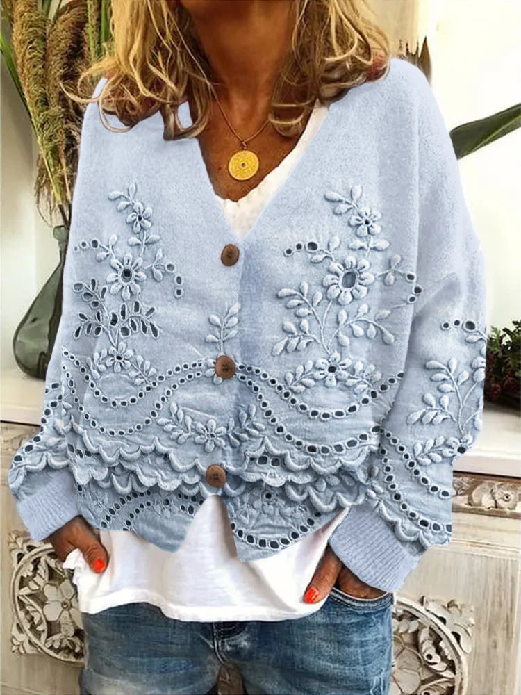 Retro Floral Lace V Neck Warm Cardigan