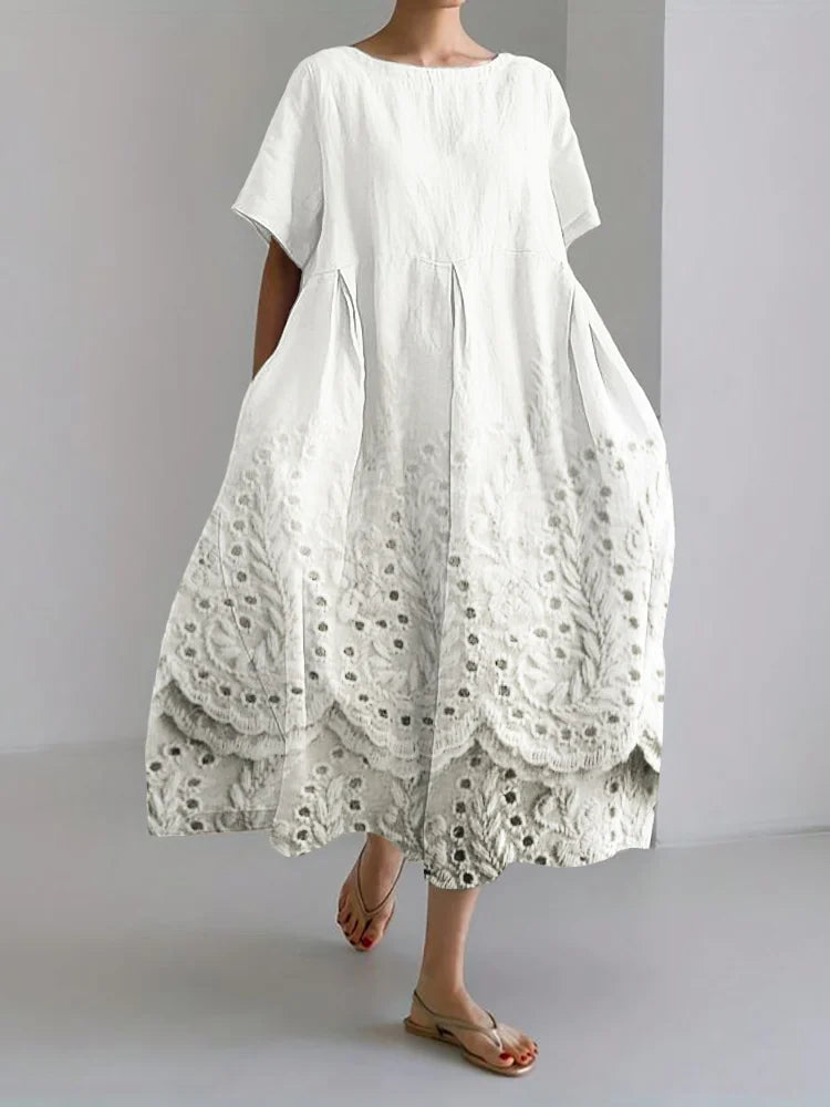 Floral Lace Trimmed Linen Blend Maxi Dress with Cottage Charm