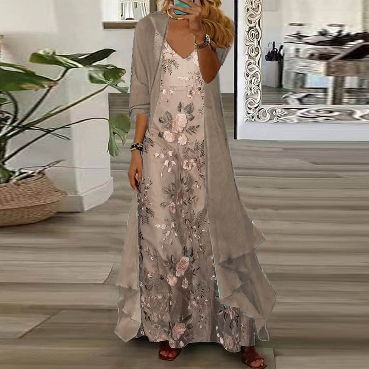 Naya - Coffee-Colored Floral Maxi Dress with Slim Cardigan - Two-Piece Ensemble