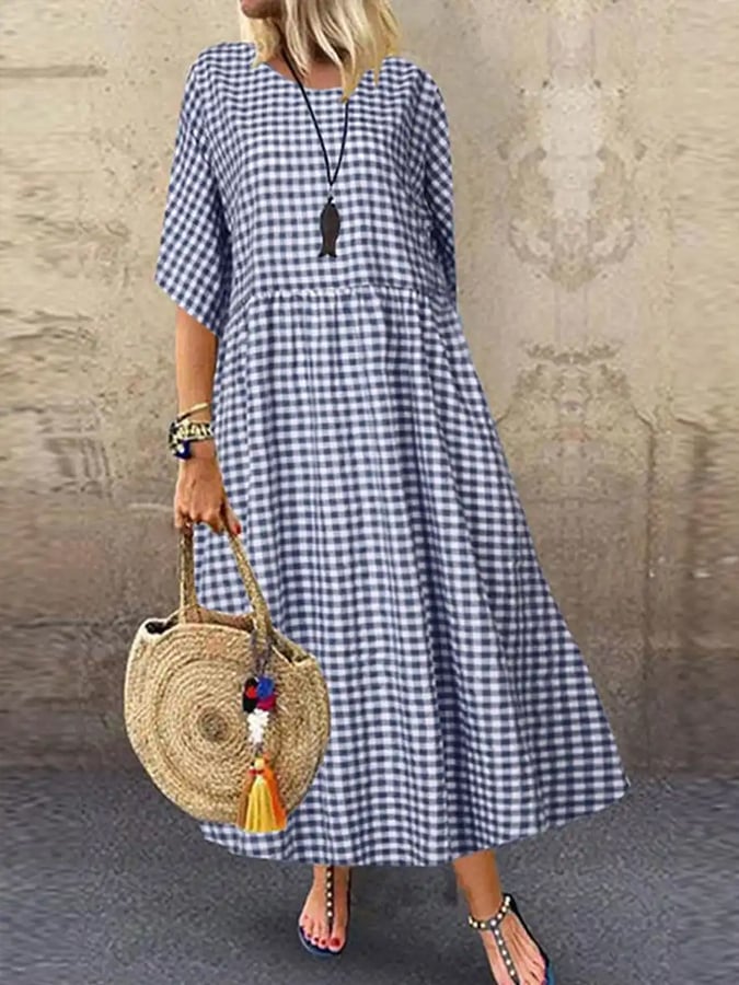 Casual Women's A-Line Long Sleeve Dress with Plaid Print