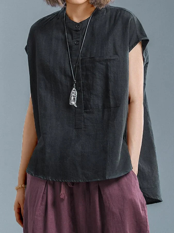 Jamir - Sleeveless Shirt with Stand Collar and Button Closure