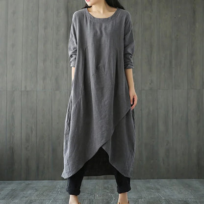 Casual Solid Color Midi Dress with Irregular Hem and Round Neck