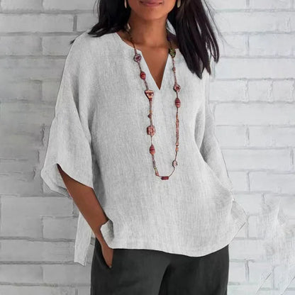 Relaxed Fit V-Neck Solid Color Cotton Linen Blouse