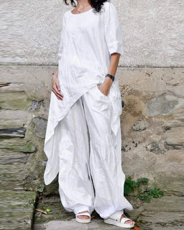 Relaxed Cotton and Linen Jumpsuit with Asymmetrical 3/4 Sleeves