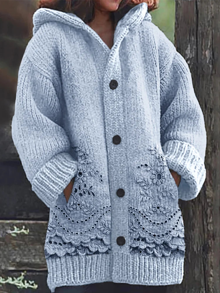 Retro Floral Lace-Trimmed Knit Hoodie Cardigan