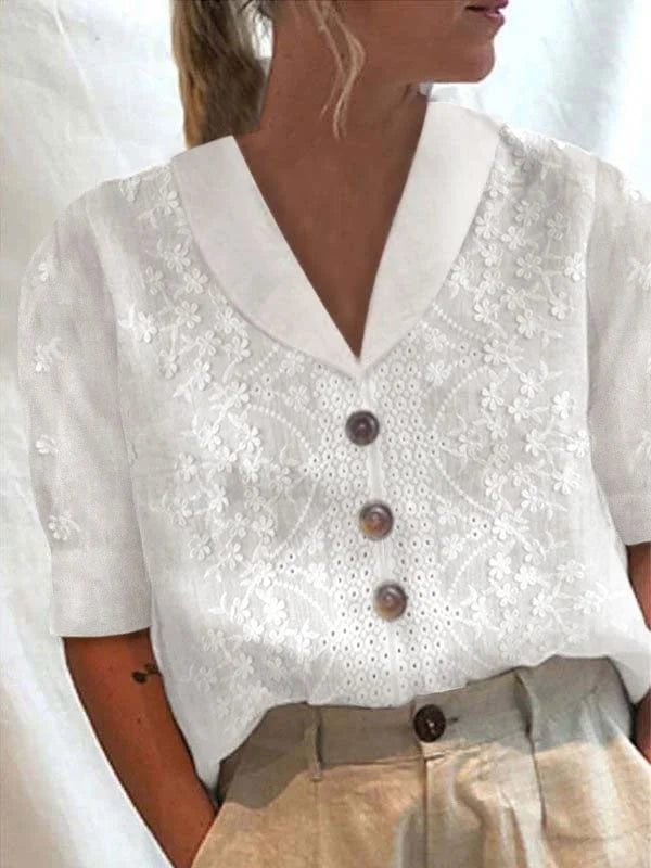 Short Sleeve Cotton-Linen Blouse with Lace Trim and Button Closure for Women - Subtle Sophistication