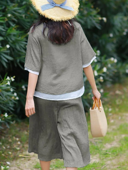 Casual Cotton-Linen Jumpsuit with V-Neck for Women