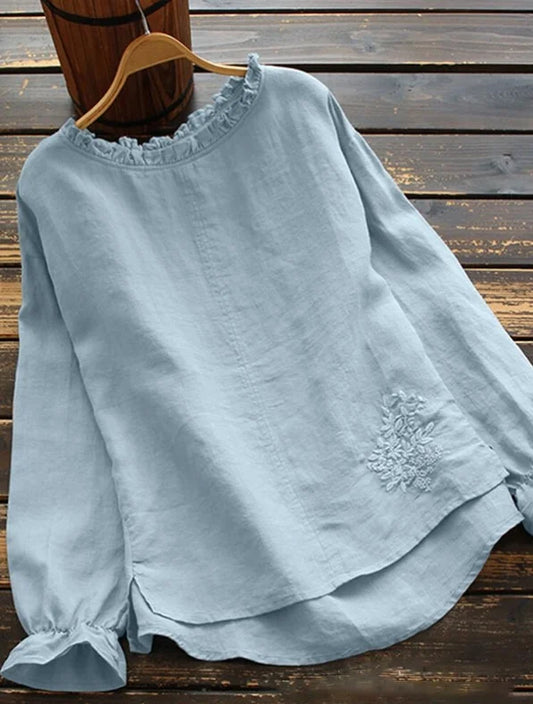 Women's Casual Long Sleeve Linen Top with Embroidered Crew Neck