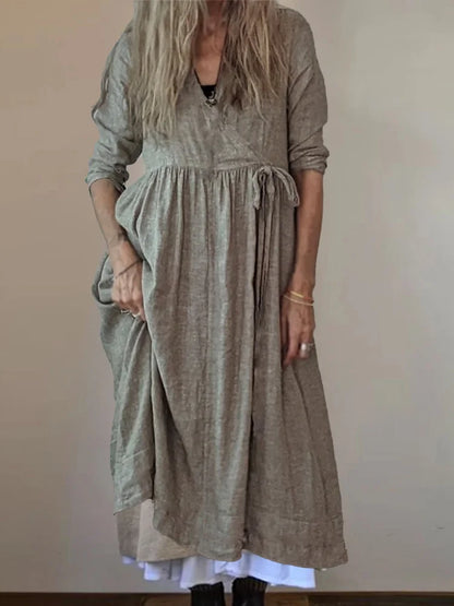 Serilda - Pleated Maxi Dress with Frayed Hem and Folded V-Neck