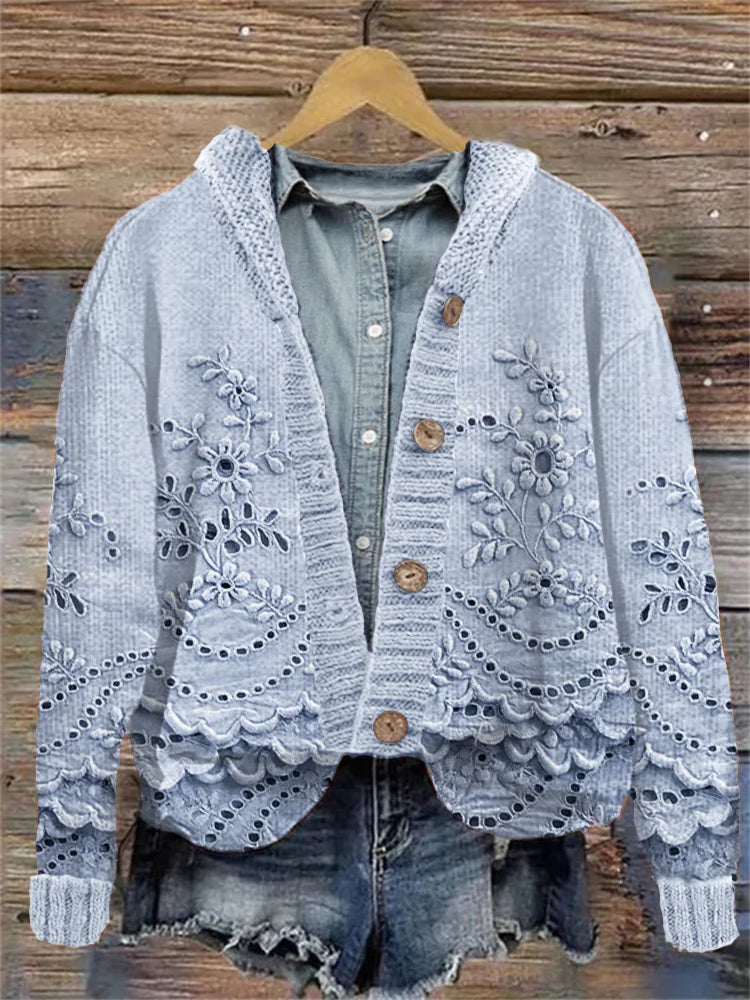 Retro Floral Lace-Embroidered Knit Hooded Sweater