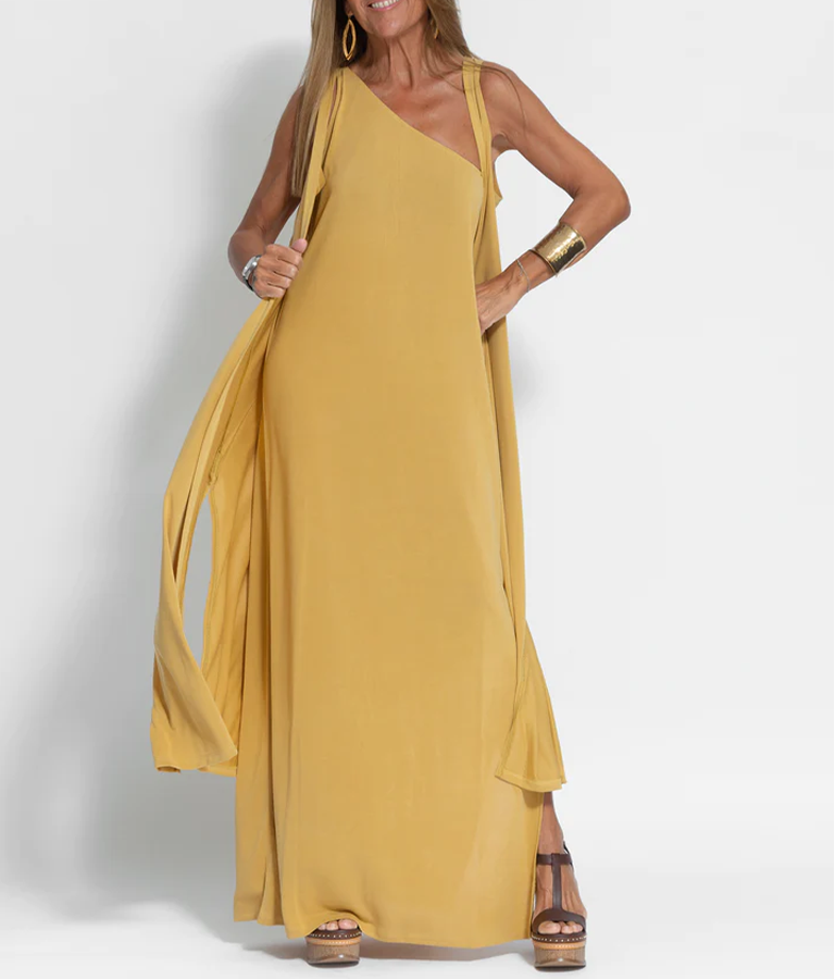 Elegant Asymmetrical Maxi Dress in Solid Color