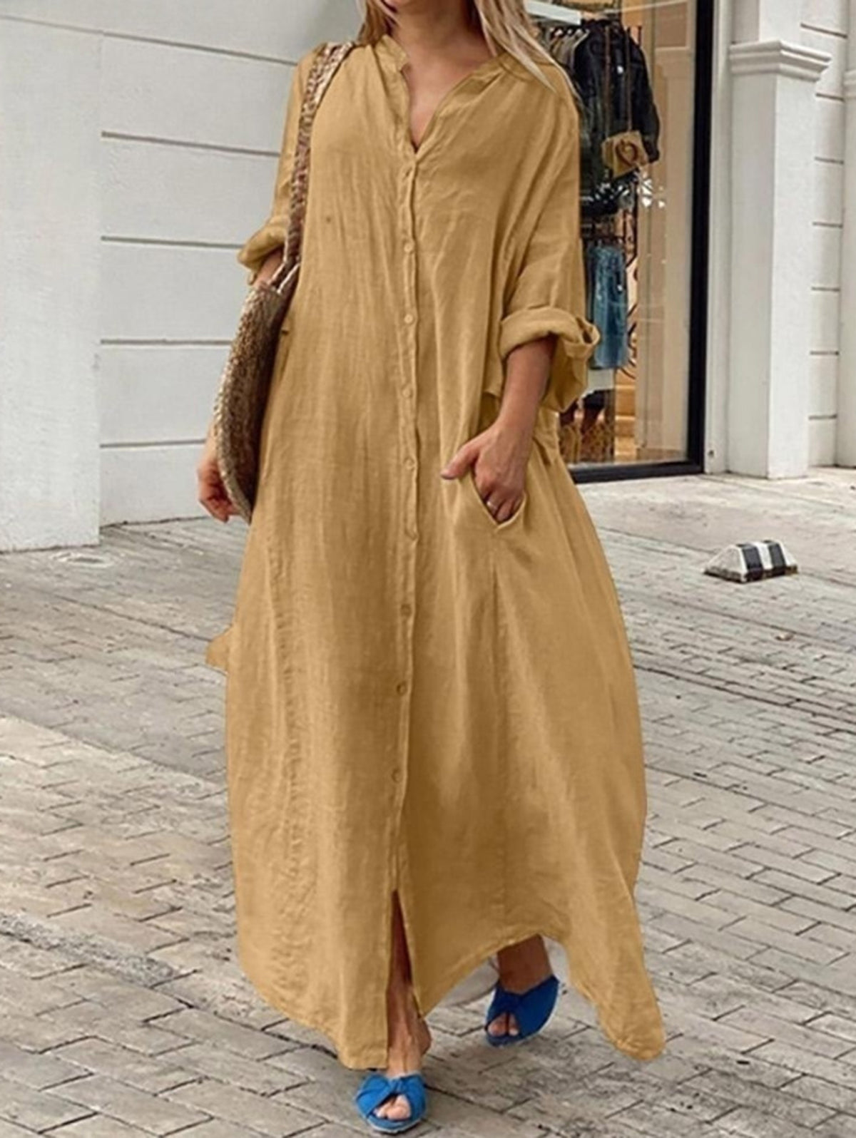 Elegant Casual Long Sleeve Maxi Dress with Pockets and Button Detail