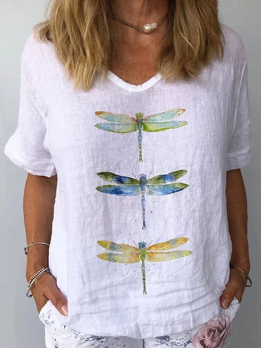 Floral Dragonfly Design Casual Cotton Linen Shirt for Women