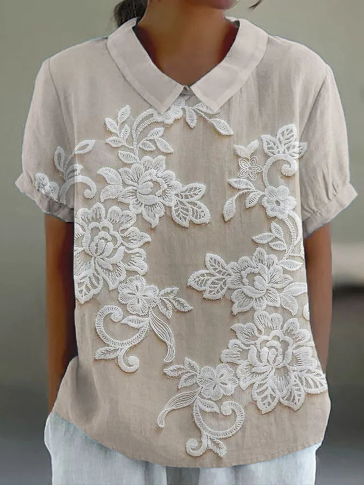 Retro Lace-Trimmed Floral Linen Blend Top