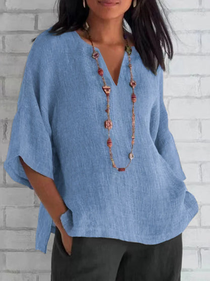 Relaxed Fit V-Neck Solid Color Cotton Linen Blouse