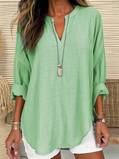 Long-Sleeve Cotton Beach Shirt with Round Neckline: Relaxed Fit