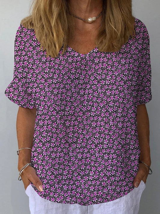 Vintage-Inspired Floral V-Neck Casual Cotton & Linen Top for Women