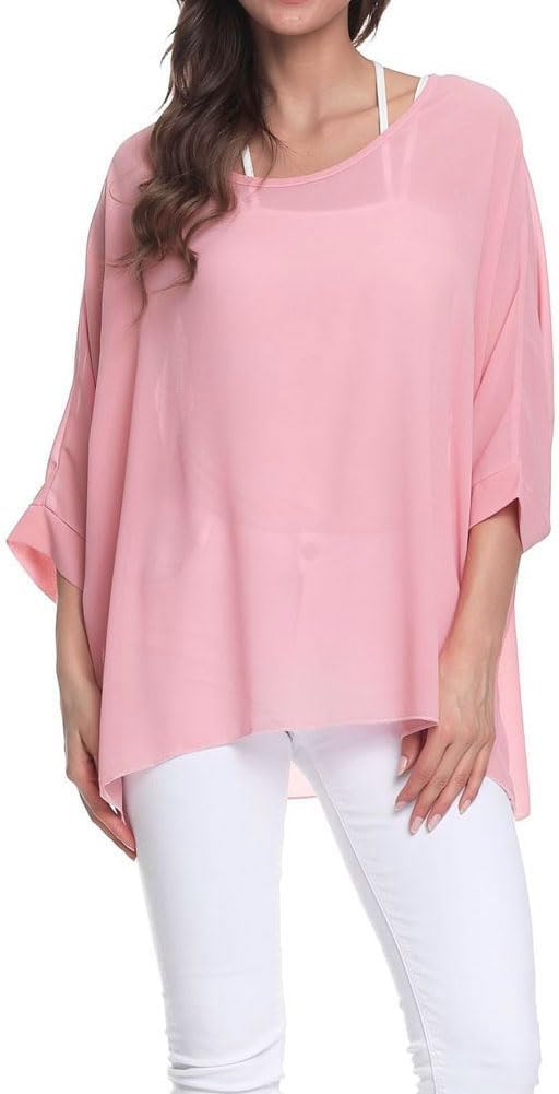 Joyce - Women's Sheer Floral Batwing Sleeve Oversized Off-Shoulder Tunic Blouse