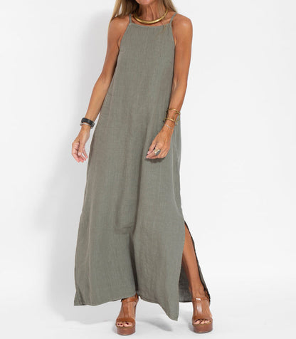 Stylish Sleeveless Cotton Linen Maxi Dress in Solid Colors