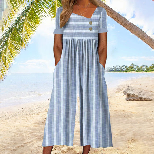 Milissa - Youthful Blue Striped Short Sleeve Jumpsuit