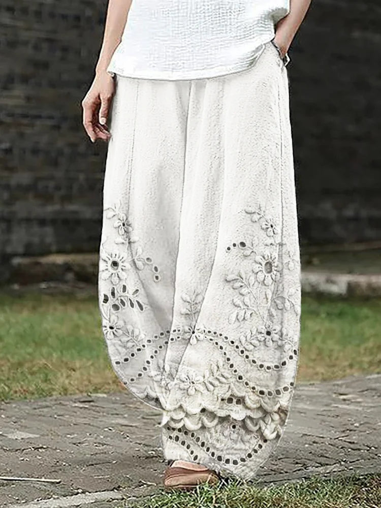 Bohemian Embroidered Lace Trim Wide Leg Trousers