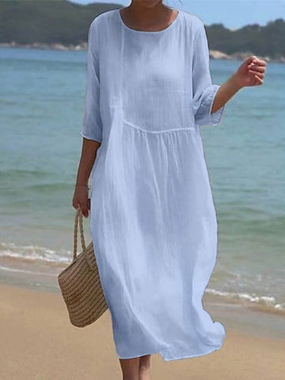 Elegant 3/4 Sleeve Cotton Linen Dress for Women