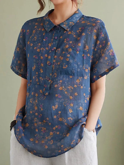 Paige - Vintage Floral Short Sleeve Casual Shirt in Cotton and Linen