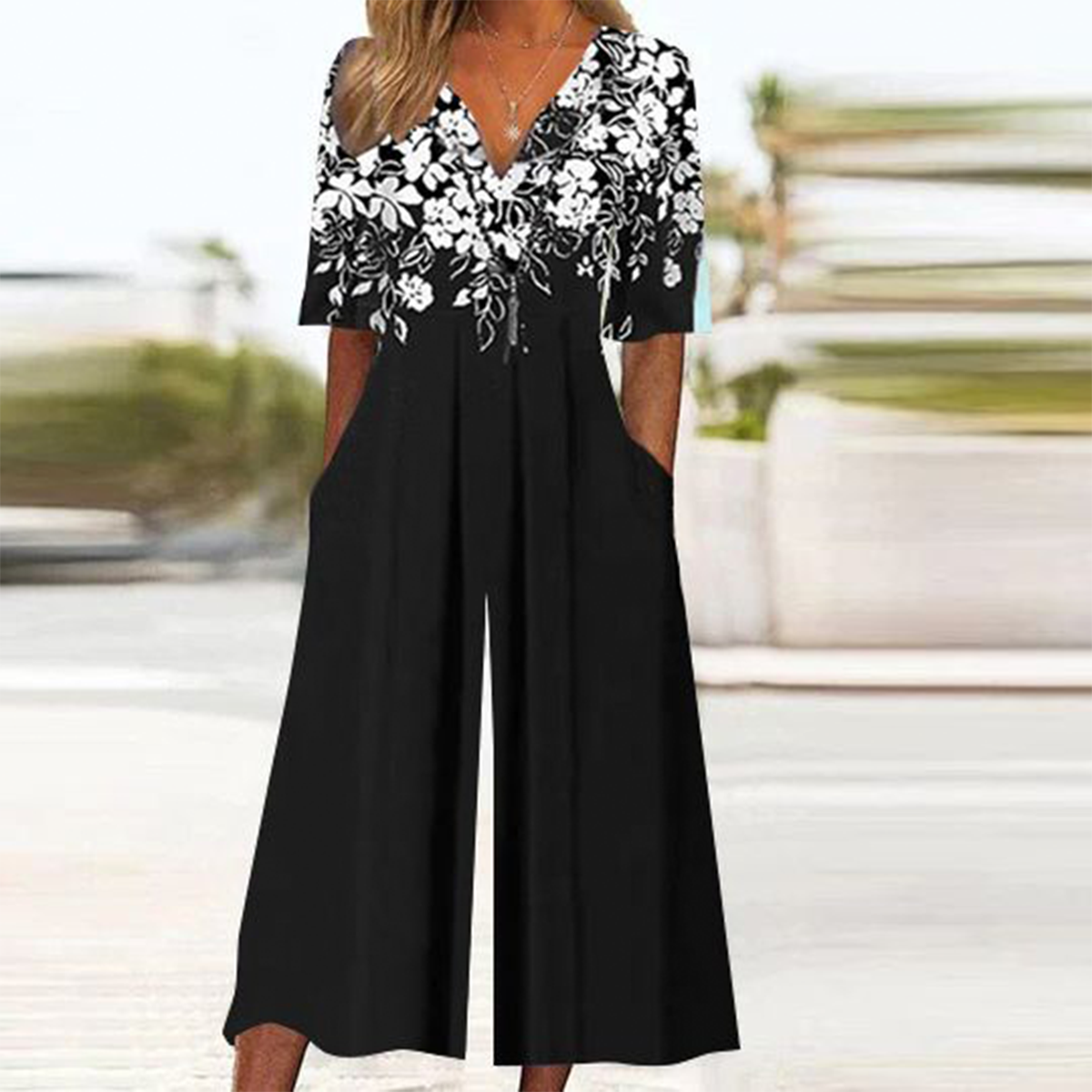 Lysandra - Black Floral Half-Sleeve Jumpsuit