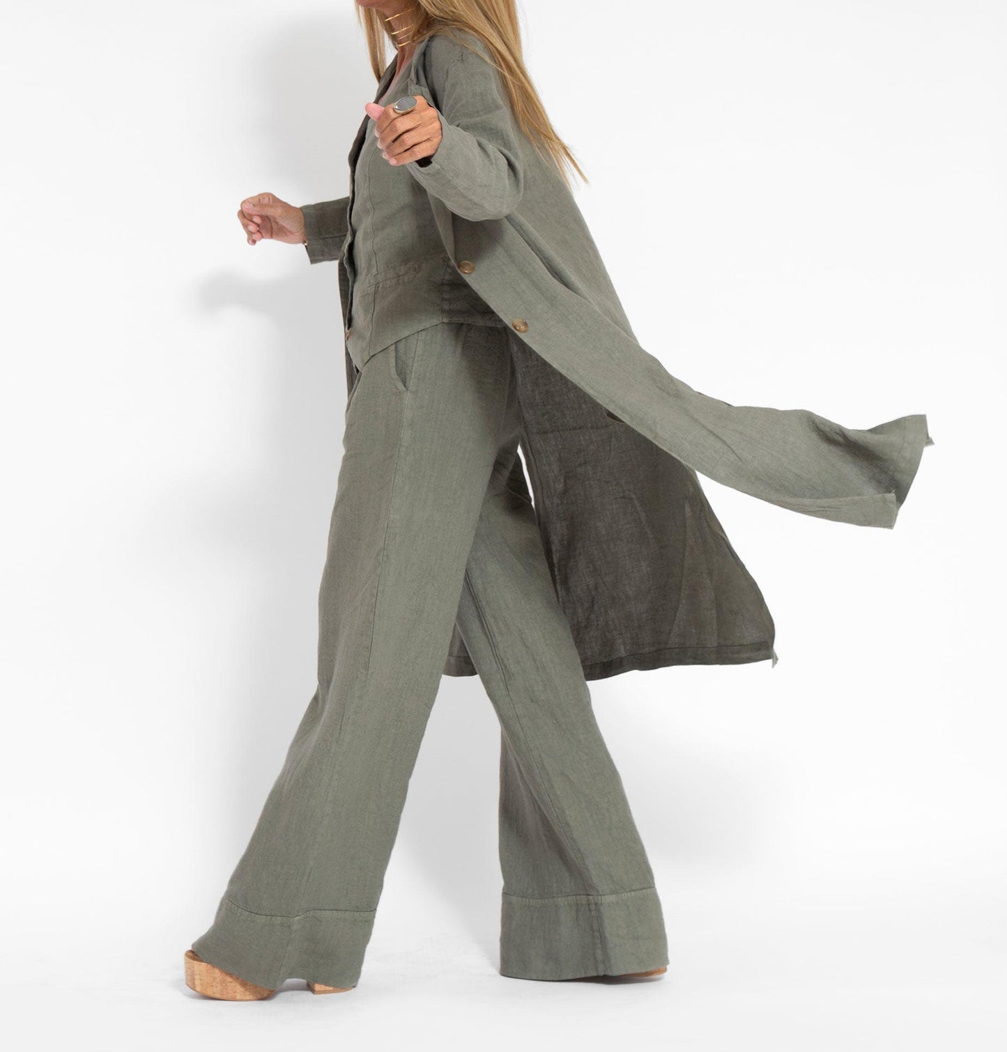 Chic Green Taupe Linen Overcoat for Women