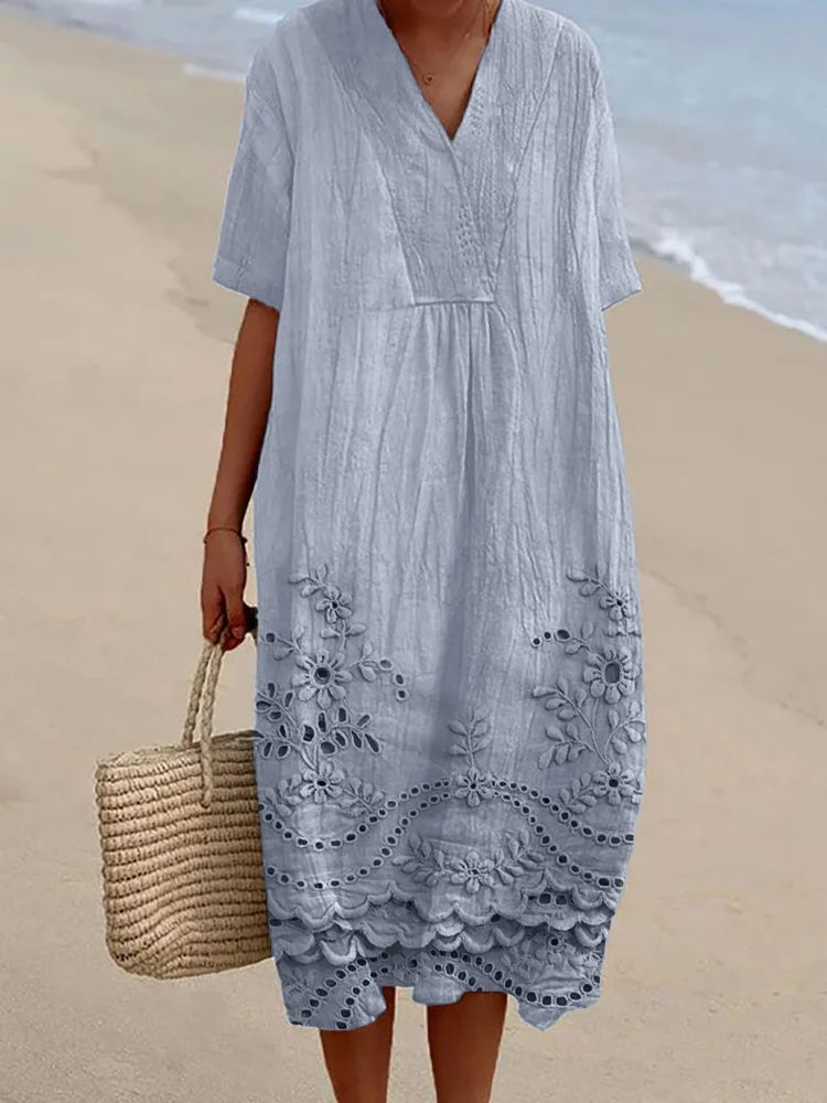 Linen Blend Flowy Dress with Cottage Floral Embroidery and Lace Hem