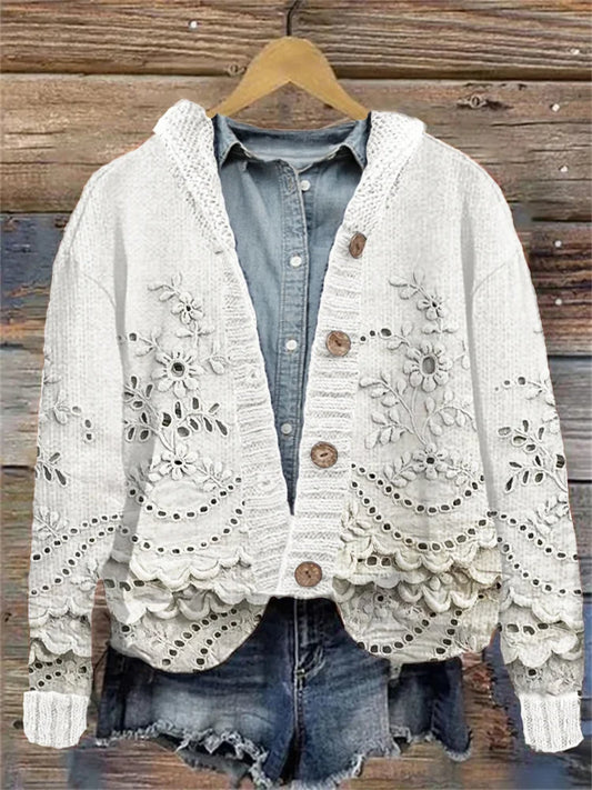 Retro Floral Embroidered Lace Knit Hooded Sweater