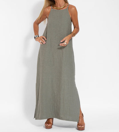 Stylish Sleeveless Cotton Linen Maxi Dress in Solid Colors