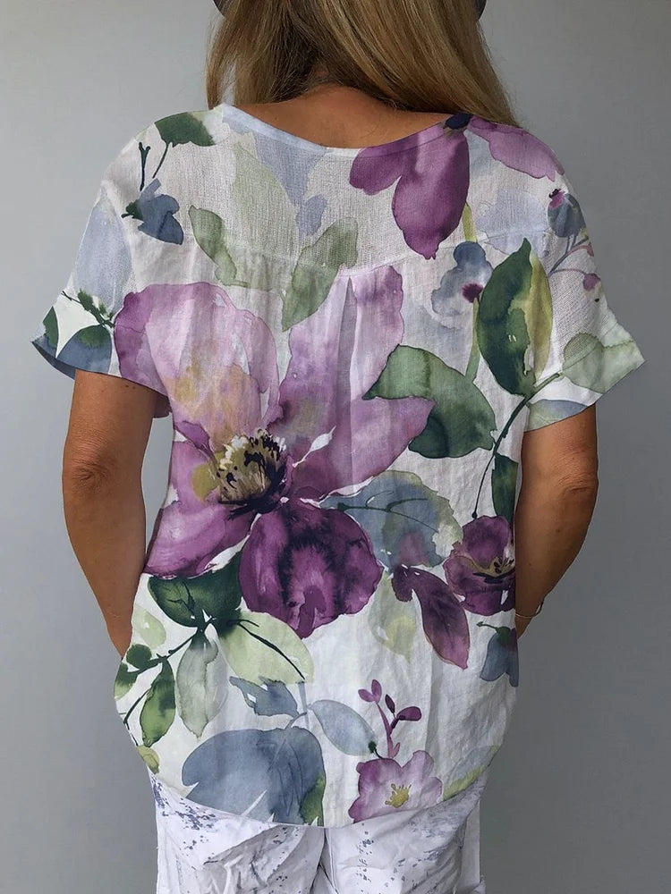 Vintage-Inspired Floral V-Neck Cotton & Linen Women's Top