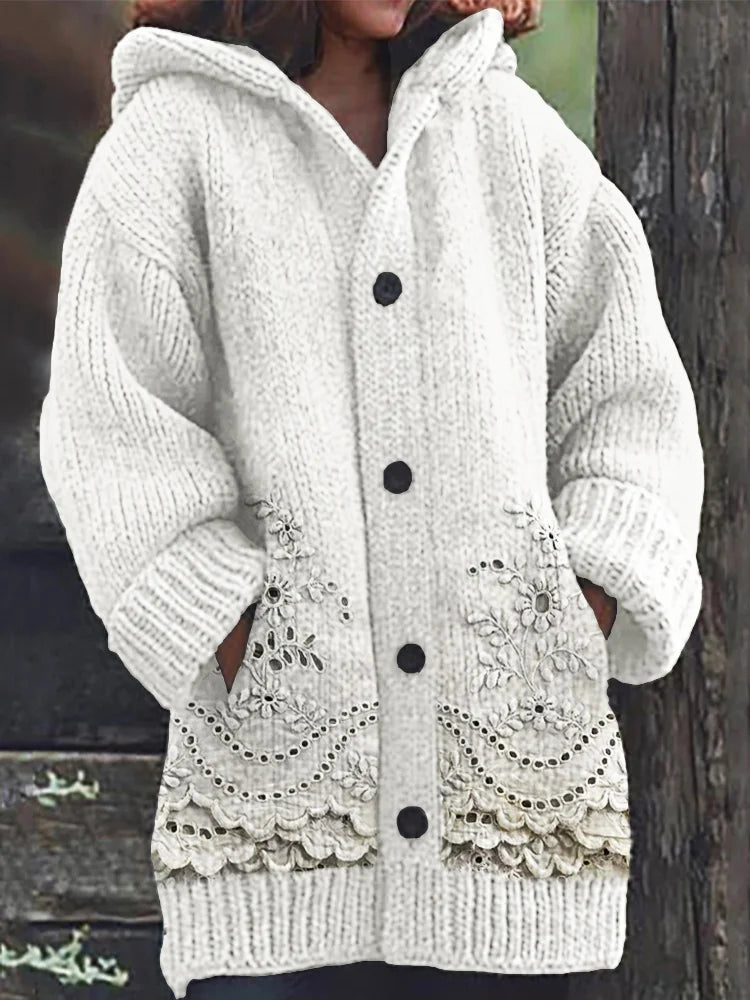 Retro Floral Lace-Trimmed Knit Hoodie Cardigan