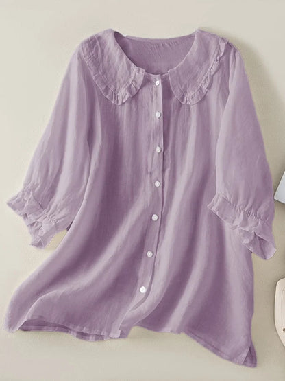 Casual Cotton Linen Peter Pan Collar Blouse with Ruffles