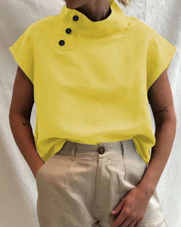 High-Collar Button-Up Blouse - Modern Minimalist Chic