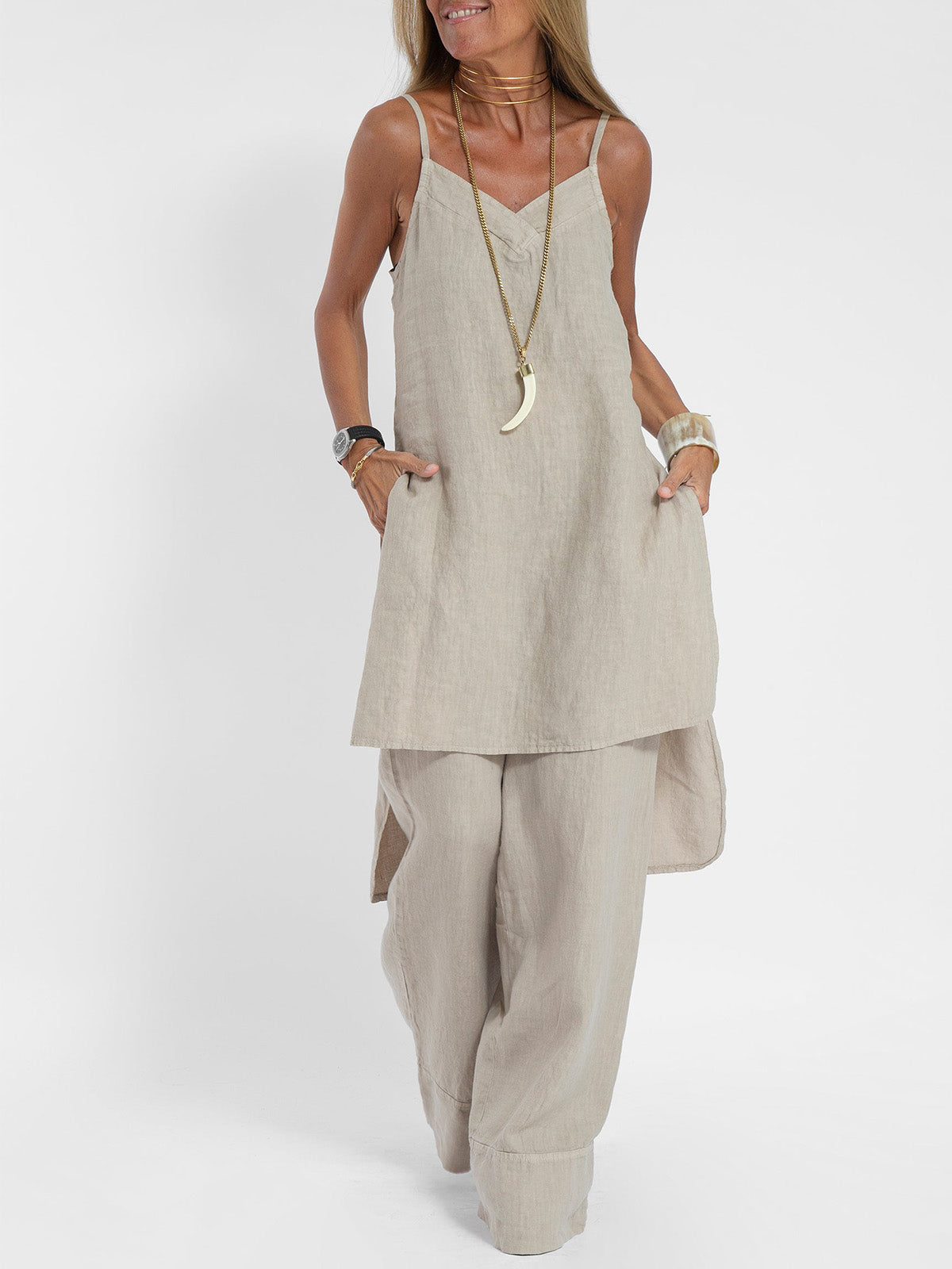 Effortless Elegance: Women's Breezy Linen Strappy Two-Piece Set