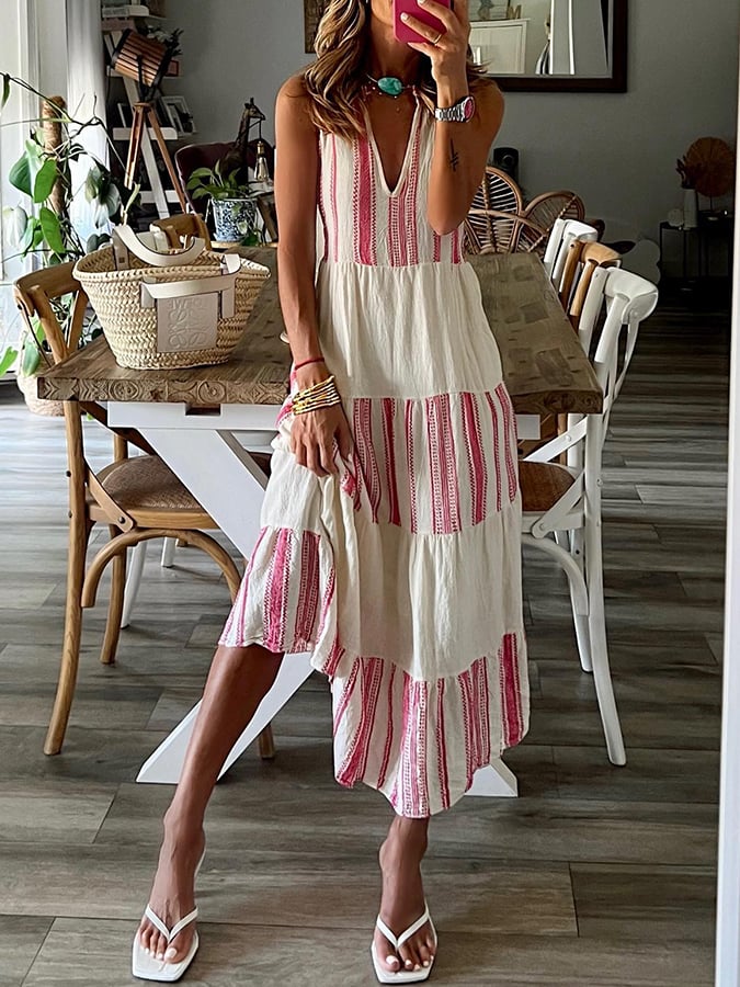 Women's Casual Striped V-Neck Maxi Dress