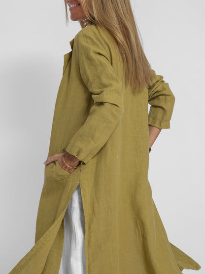 Chic Olive Green Linen Frock Coat for Women