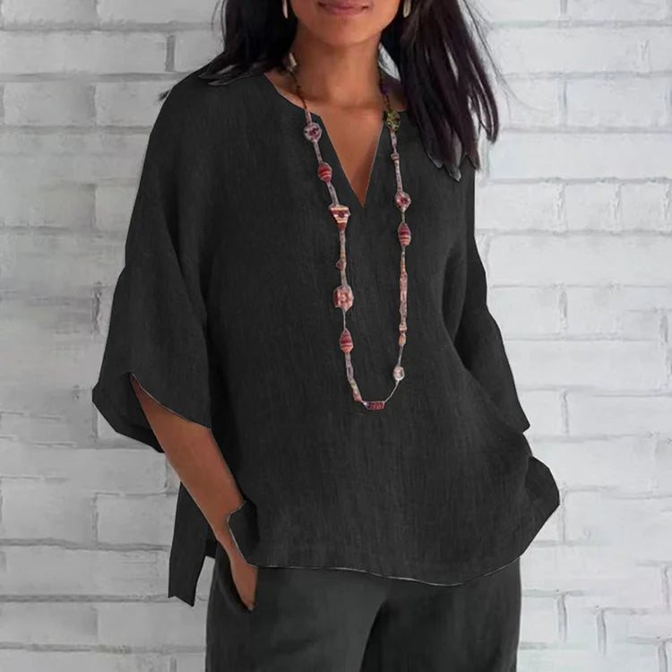 Relaxed Fit V-Neck Solid Color Cotton Linen Blouse