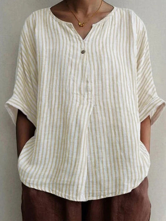 Casual Women's Striped V-Neck Long Sleeve Cotton-Linen Top