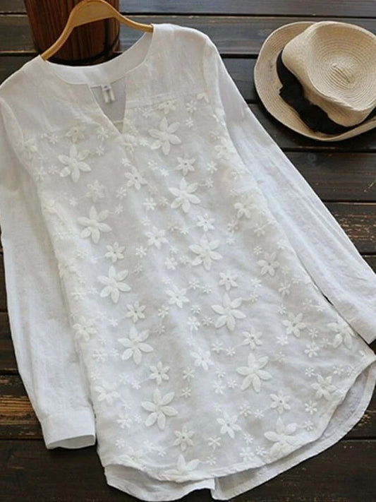 Alaina - Long Sleeve Cotton-Linen Shirt with Delicate Lace Embroidery