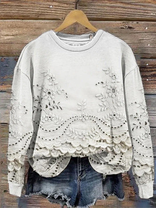 Retro Floral Embroidery Cozy Sweatshirt with Lace Details